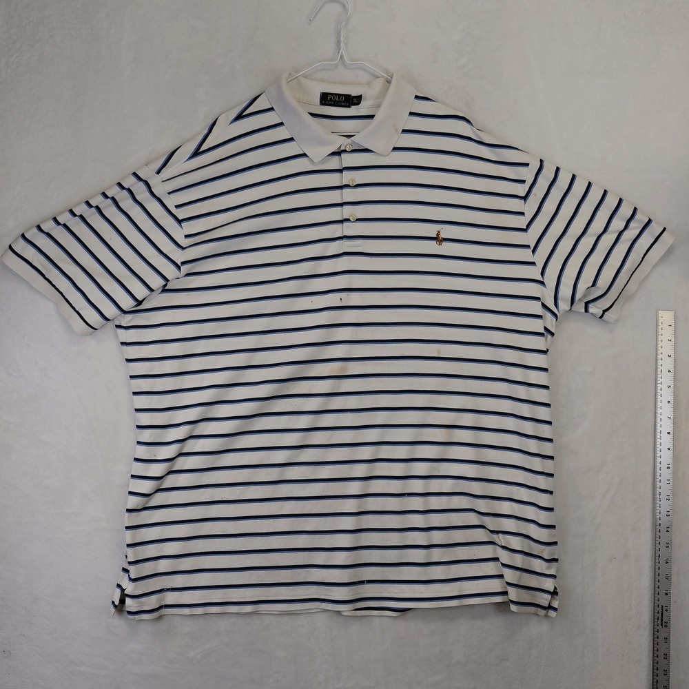 Polo Ralph Lauren Mens 3XLT Striped Short Sleeve Polo Shirt White Blue Pony Logo